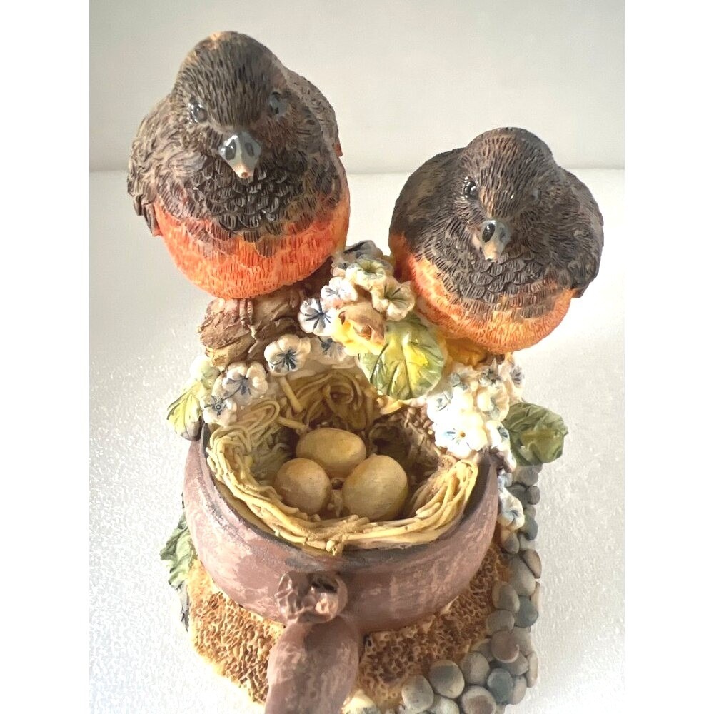 Two American Robin‎ Birds On Nest with Eggs in Tea Pot Flowers Figurine